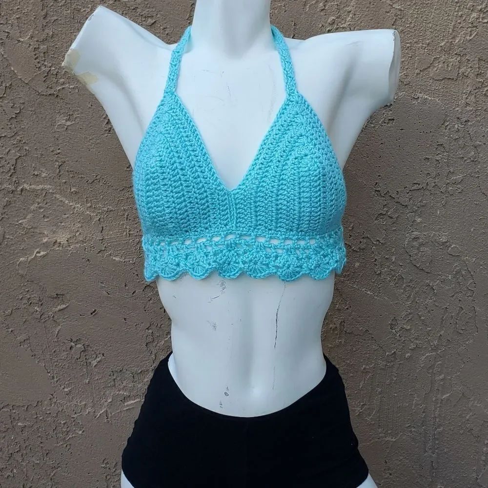 Hand Crafted Sky Blue Crochet Halter Top Bralette Size M